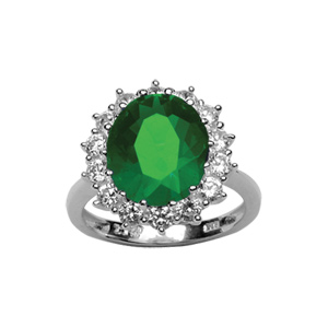 Bague en argent rhodi collection joaillerie orne d\'1 gros oxyde vert au centre entour de petits oxydes blancs - Vue 1