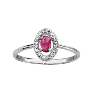 Bague en argent rhodi collection joaillerie oxyde ovale fuchsia avec entourage d\'oxydes blancs sertis - Vue 1