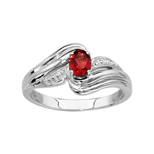 Bague en argent rhodi collection joaillerie oxyde ovale rouge au centre et brins courbs autour - Vue 1