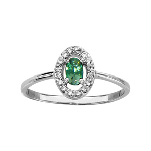 Bague en argent rhodi collection joaillerie oxyde ovale vert avec entourage d\'oxydes blancs sertis - Vue 1