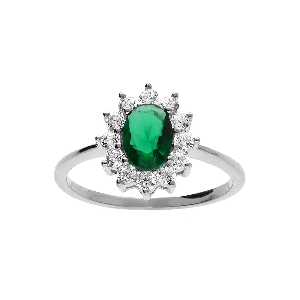Bague en argent rhodi collection joaillerie oxyde vert au centre et petits oxydes blancs autour - Vue 1