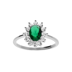 Bague en argent rhodi collection joaillerie oxyde vert au centre et petits oxydes blancs autour - Vue 1