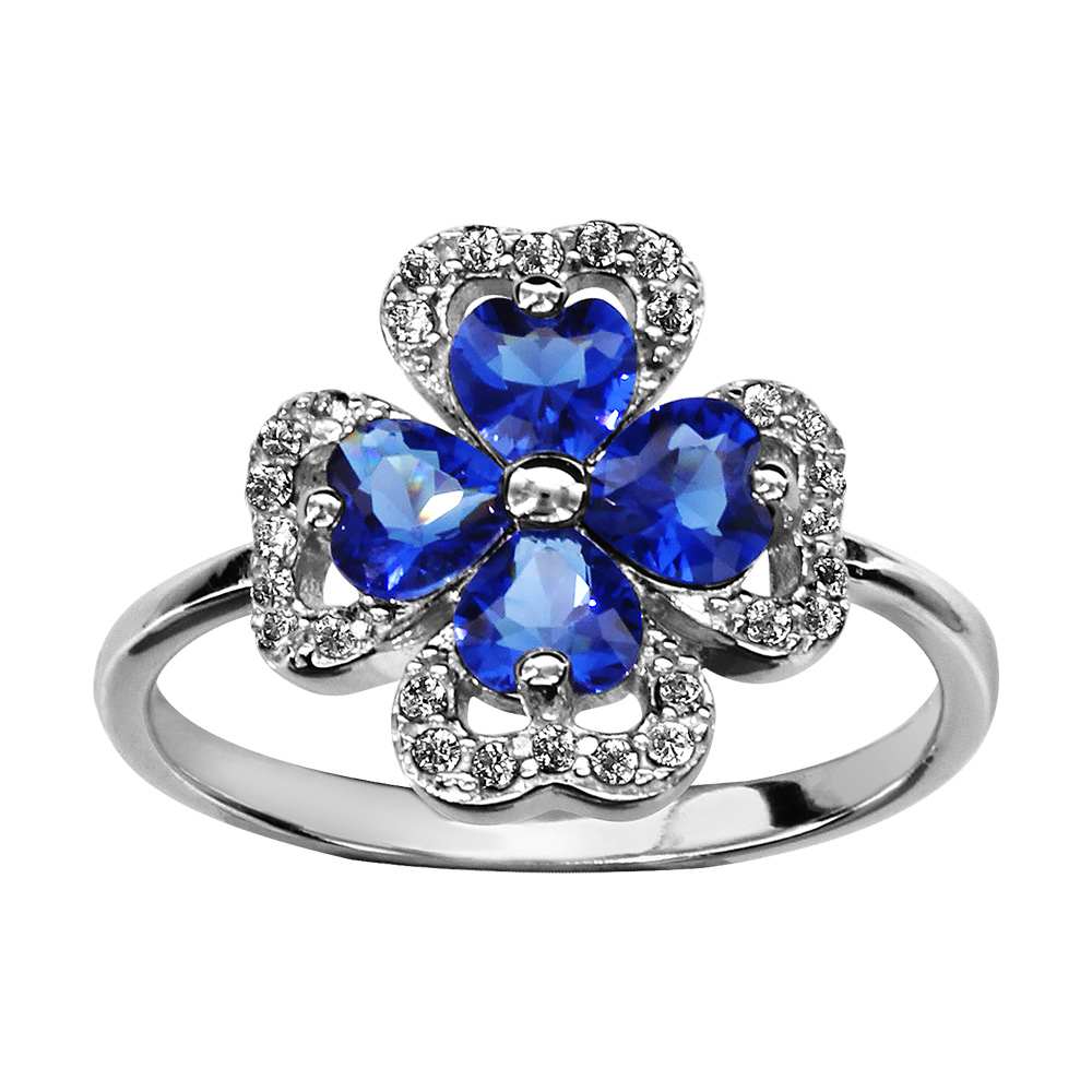 Bague en argent rhodi� collection joaillerie tr�fle � 4 feuilles en oxydes bleus et contours en oxydes blancs sertis - Vue 1