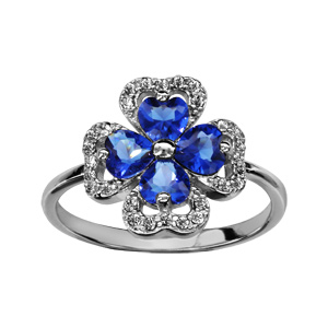 Bague en argent rhodi collection joaillerie trfle  4 feuilles en oxydes bleus et contours en oxydes blancs sertis - Vue 1