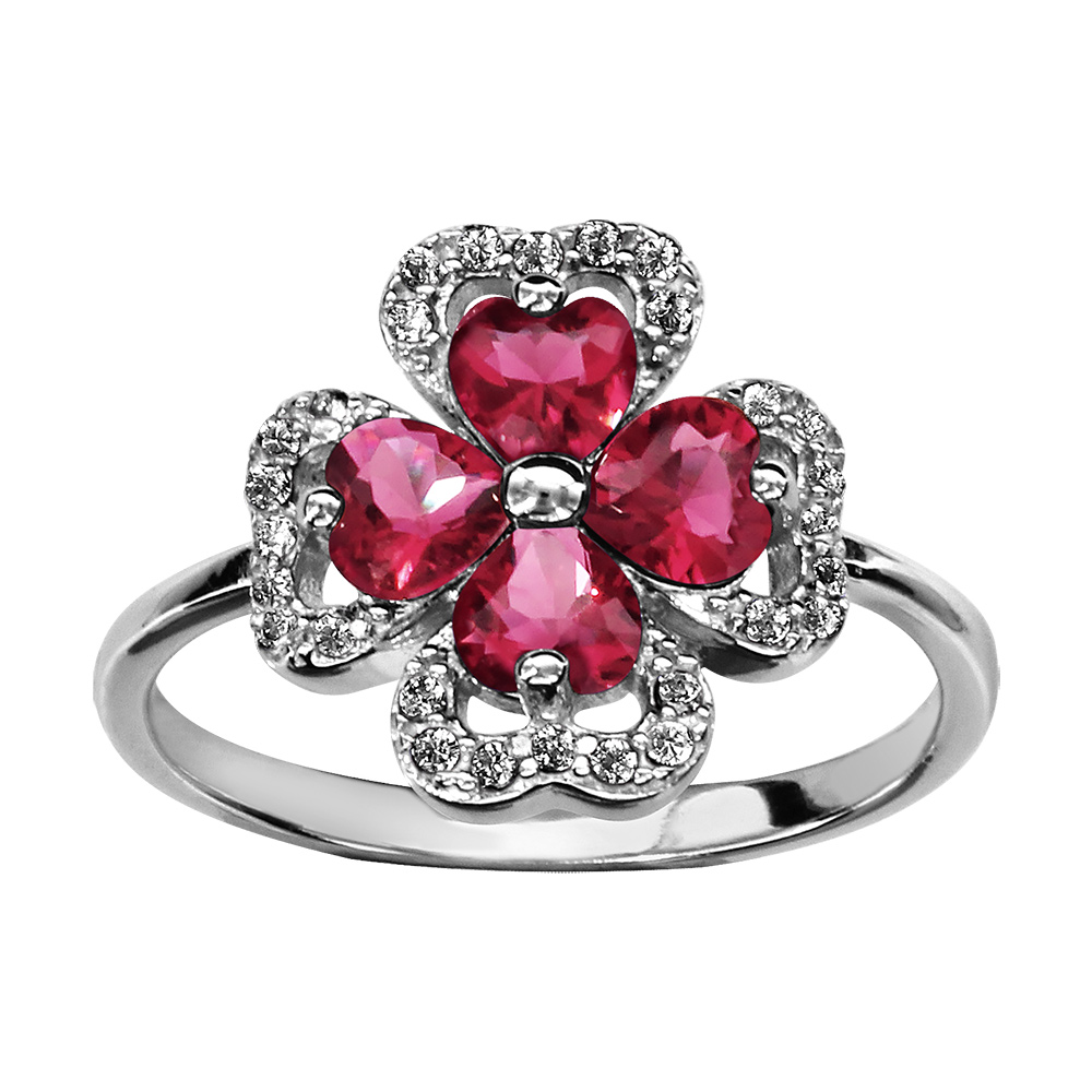 Bague en argent rhodi� collection joaillerie tr�fle � 4 feuilles en oxydes rouges et contours en oxydes blancs sertis - Vue 1