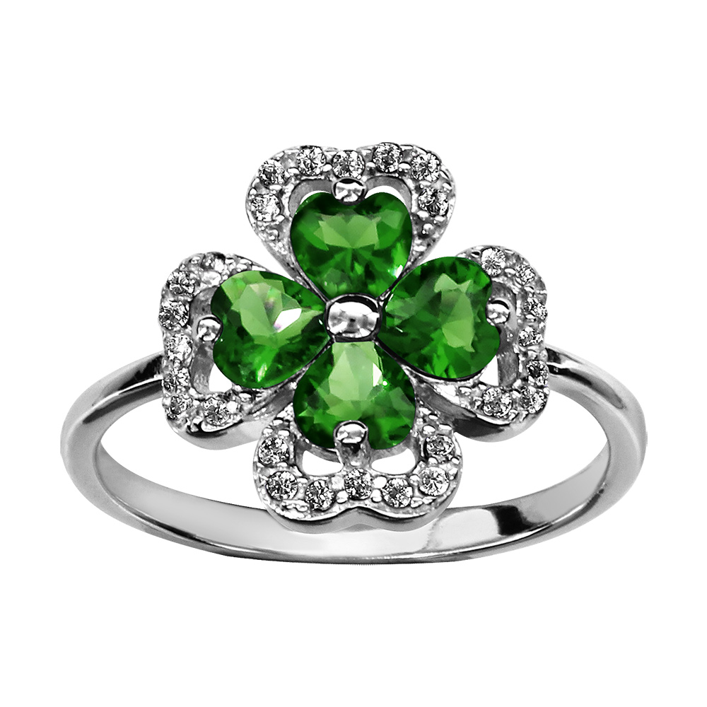 Bague en argent rhodi� collection joaillerie tr�fle � 4 feuilles en oxydes verts et contours en oxydes blancs sertis - Vue 1
