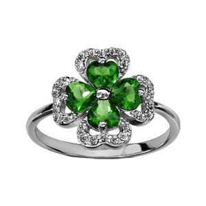 Bague en argent rhodi collection joaillerie trfle  4 feuilles en oxydes verts et contours en oxydes blancs sertis - Vue 1