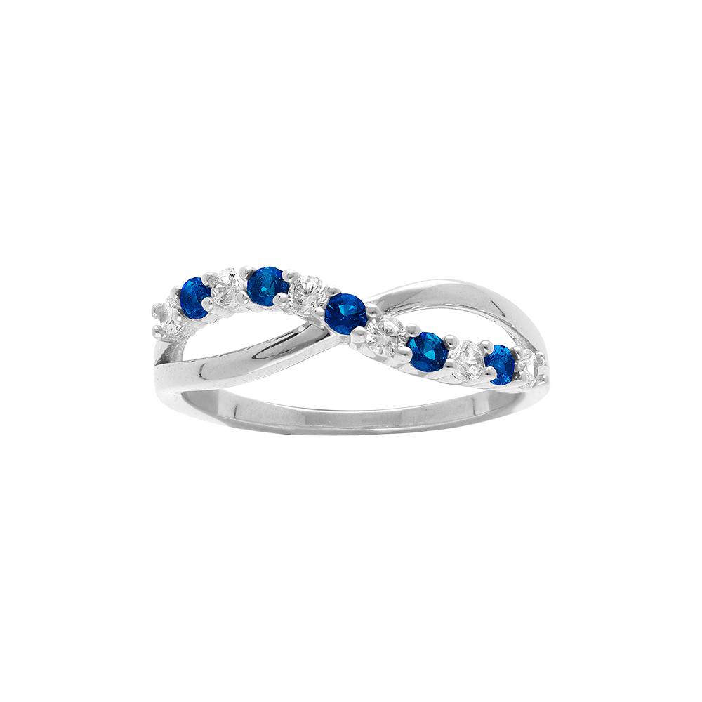 Bague en argent rhodi croise avec oxydes bleu et blancs sertis - Vue 1