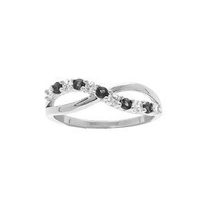Bague en argent rhodié croisée avec oxydes noirs et blancs sertis - Vue 1