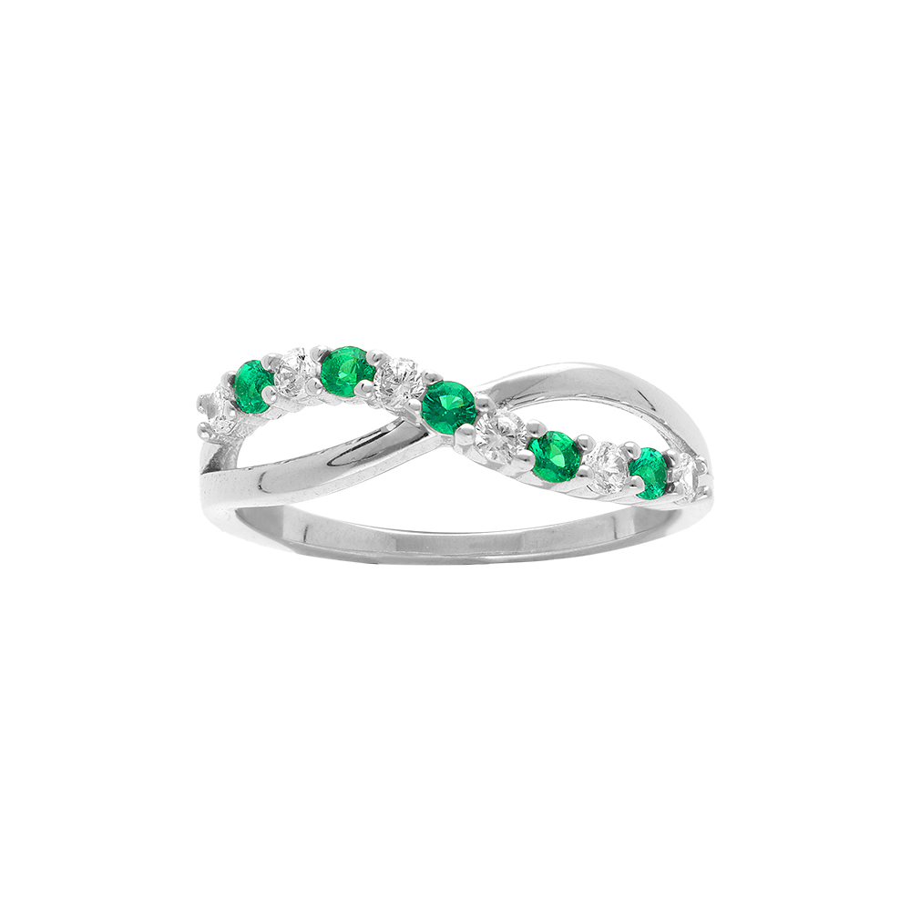 Bague en argent rhodi� crois�e avec oxydes verts et blancs sertis - Vue 1