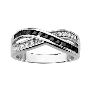 Bague en argent rhodi croise et oxydes blancs et noirs - Vue 1