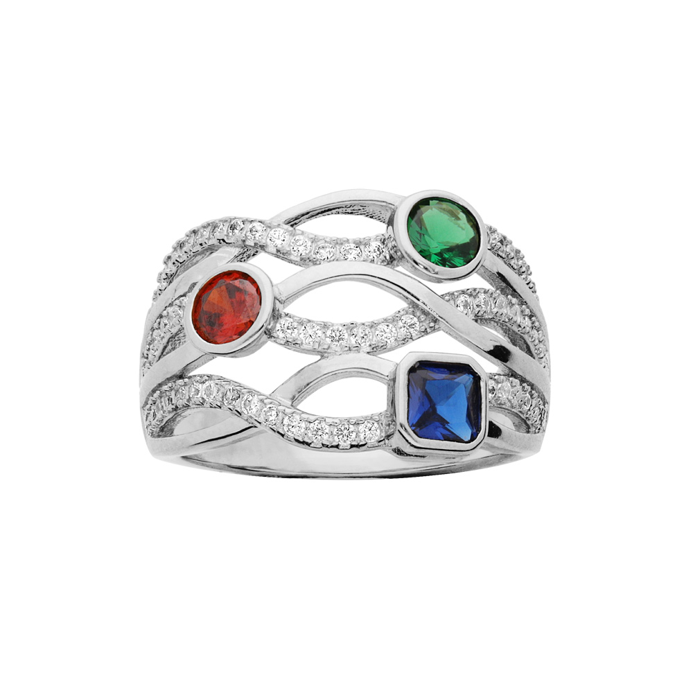 Bague en argent rhodi� crois�e et oxydes couleurs - Vue 1