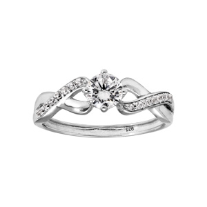 Bague en argent rhodi croise solitaire et oxydes blancs sertis entrelacs 4 griffes - Vue 1