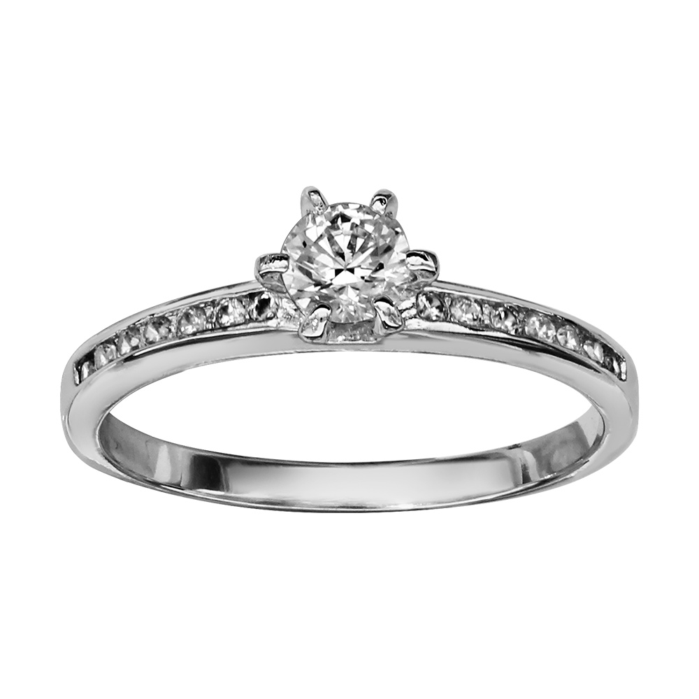 Bague en argent rhodi� demi- rail d\'oxydes avec 1 gros oxyde serti 6 griffes au milieu - Vue 1