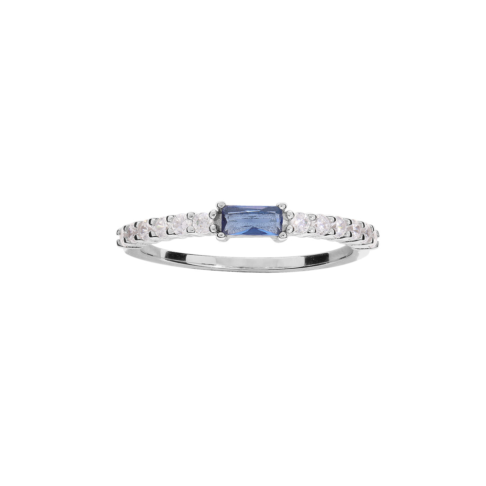 Bague en argent rhodi� demi rail d\'oxydes blancs et 1 oxyde bleu central - Vue 1