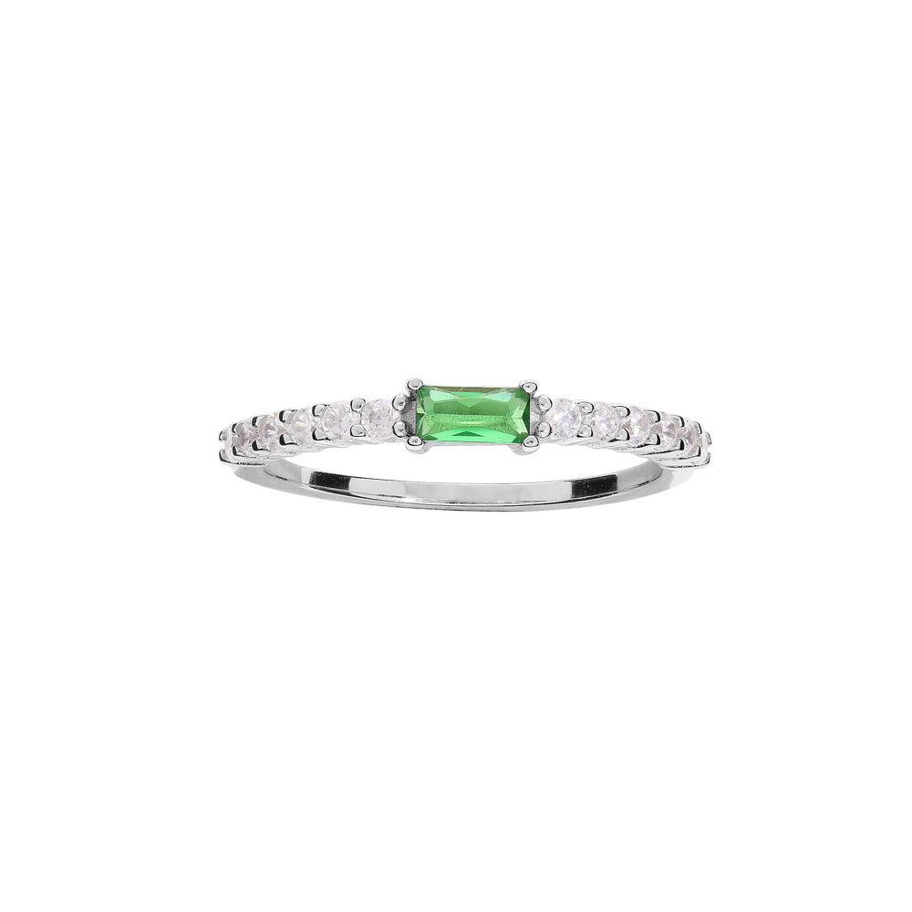 Bague en argent rhodi� demi rail d\'oxydes blancs et 1 oxyde vert central - Vue 1