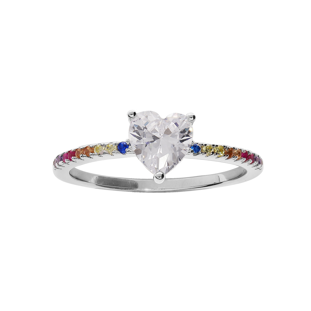 Bague en argent rhodi demi rail d\'oxydes multi couleur et oxyde blanc serti forme cur - Vue 1