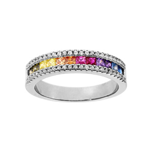 Bague en argent rhodi demi rail empierrs multi couleurs et oxydes blancs sertis - Vue 1