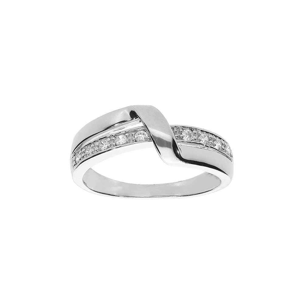 Bague en argent rhodi� demi-rail d\'oxydes blancs en diagonale et brin lisse crois� - Vue 1