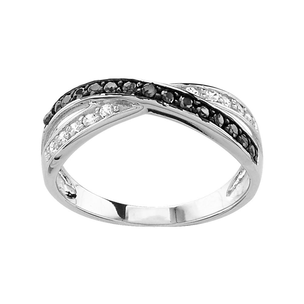 Bague en argent rhodi� demi-rail d\'oxydes blancs et demi-rail d\'oxydes noirs crois�s - Vue 1