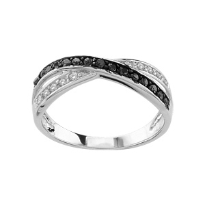 Bague en argent rhodi demi-rail d\'oxydes blancs et demi-rail d\'oxydes noirs croiss - Vue 1