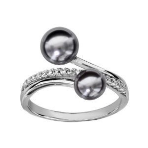 Bague en argent rhodié demi-rail d\'oxydes blancs sertis et 2 brins avec perles grises aux extrémités - Vue 1