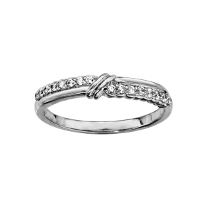 Bague en argent rhodi 2 demi-rails d\'oxydes blancs sertis en dcal avec partie lisse et 2 petits traits au croisement - Vue 1