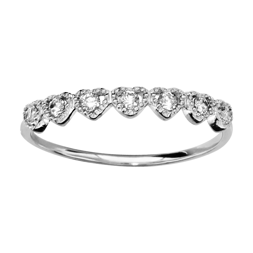 Bague en argent rhodi� demi-tour en coeurs faits d\'oxydes blancs sertis - Vue 1