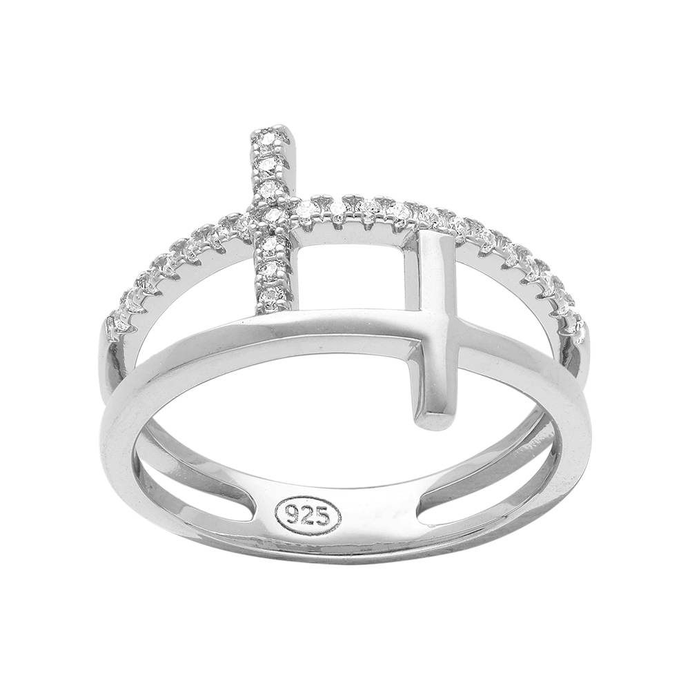 Bague en argent rhodi deux rangs croix 1 lisse et 1 avec des oxydes blancs sertis - Vue 1