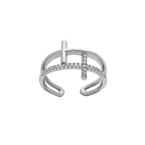Bague en argent rhodié deux rangs croix 1 lisse et 1 avec des oxydes blancs sertis - Vue 1
