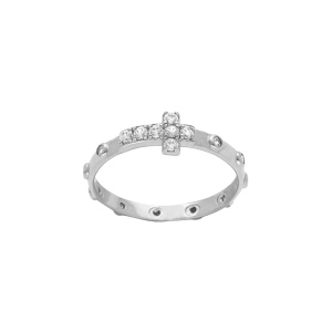 Bague en argent rhodi� dizainier avec croix d'oxydes blancs sertis