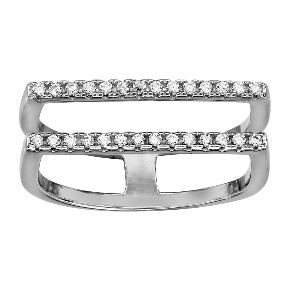 Bague en argent rhodi� double anneau avec dessus plat en rails d\'oxydes blancs sertis - Vue 1