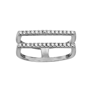 Bague en argent rhodi double anneau avec dessus plat en rails d\'oxydes blancs sertis - Vue 1