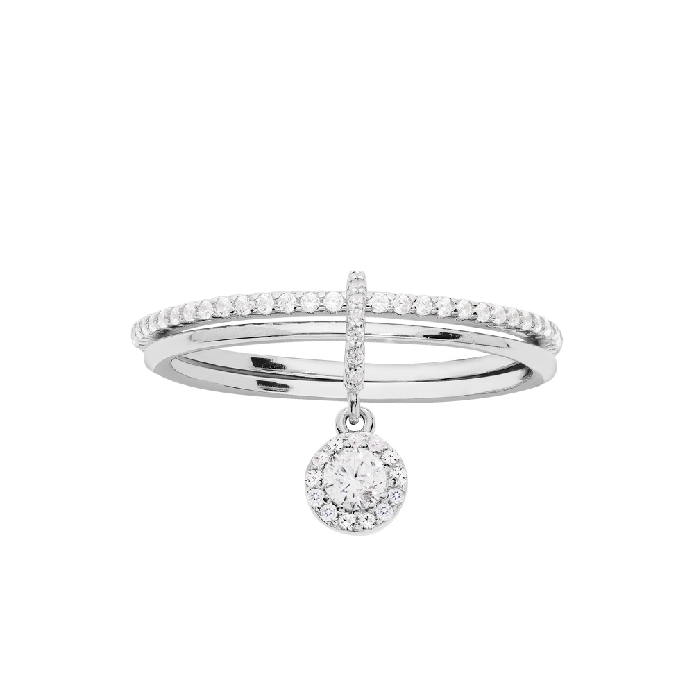 Bague en argent rhodi� double anneau avec rail oxydes blancs sertis et pampille oxydes blancs sertis - Vue 1
