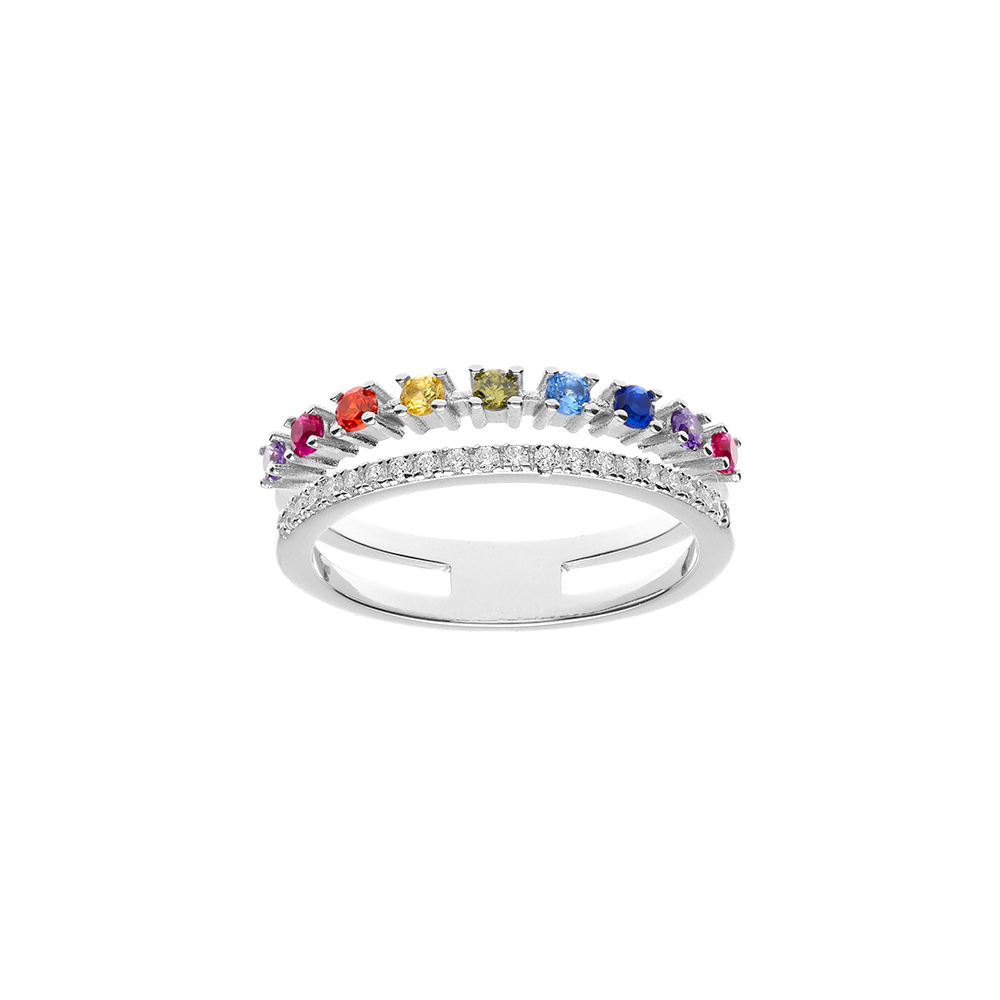 Bague en argent rhodi� double avec rail d\'oxydes multi couleurs - Vue 1
