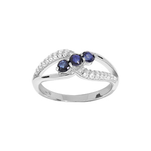 Bague en argent rhodi double brin avec oxydes bleus et blancs sertis - Vue 1