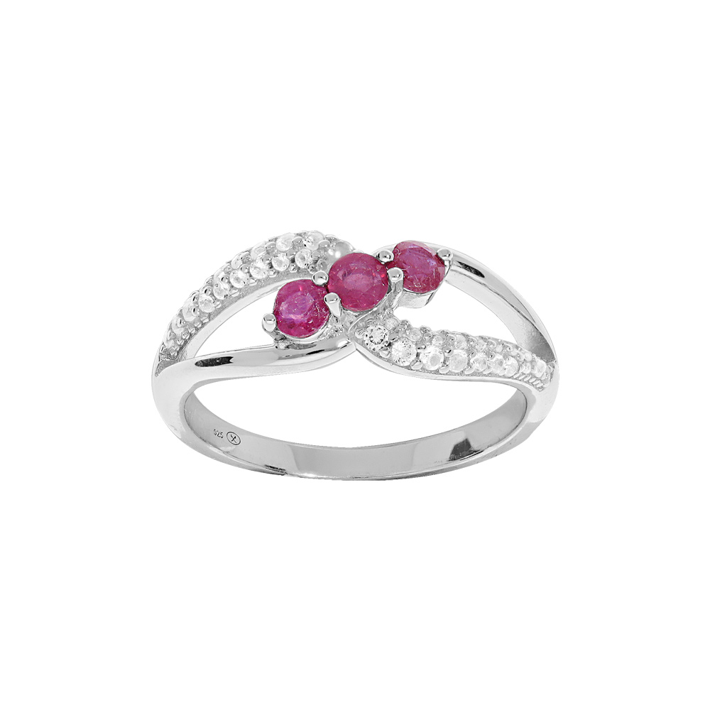 Bague en argent rhodi� double brin avec oxydes roses et blancs sertis - Vue 1