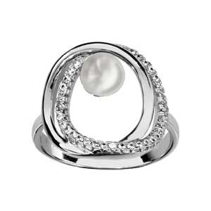 Bague en argent rhodi double cercle dont 1 orn d\'oxydes blancs et avec perle blanche synthtique - Vue 1