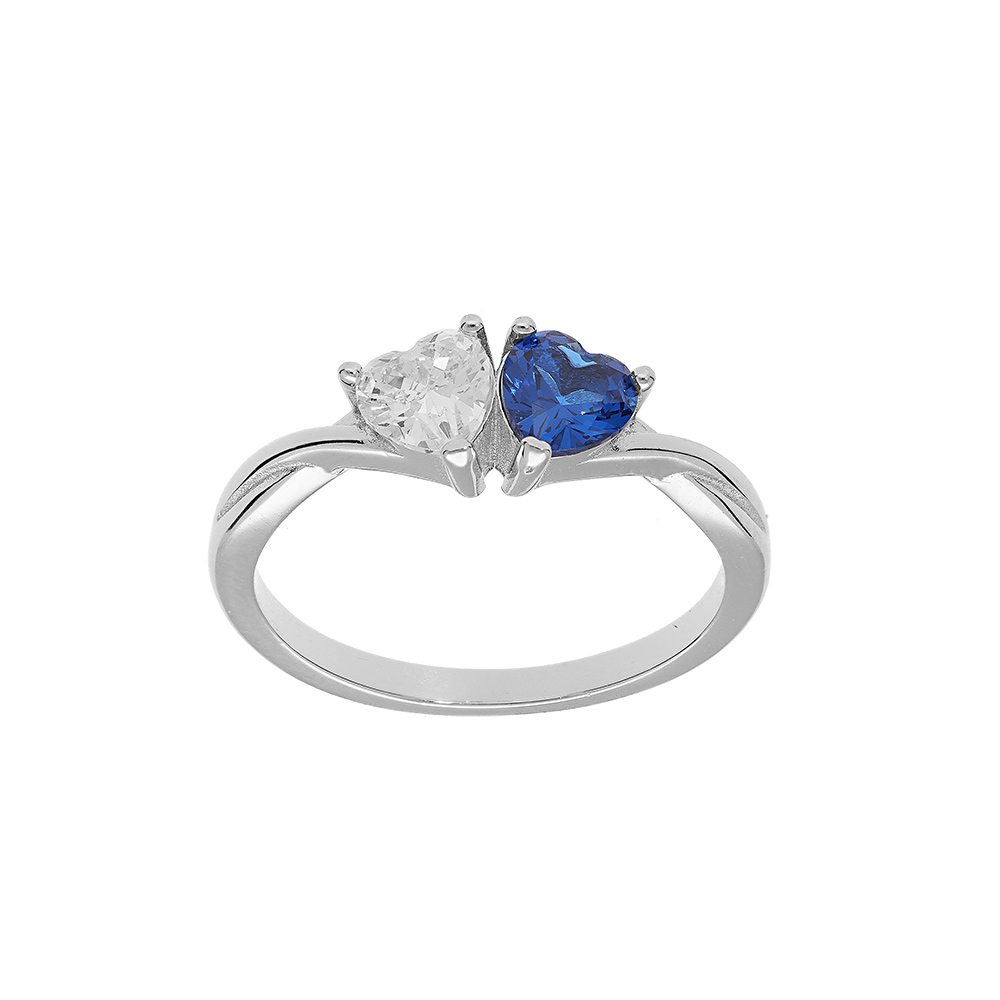 Bague en argent rhodi� double coeur avec oxyde bleu fonc� et blanc - Vue 1