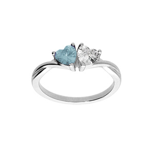 Bague en argent rhodi double coeur en oxyde bleu ciel et blanc - Vue 1