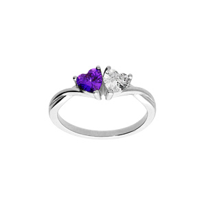 Bague en argent rhodi double coeur en oxyde violet et blanc - Vue 1