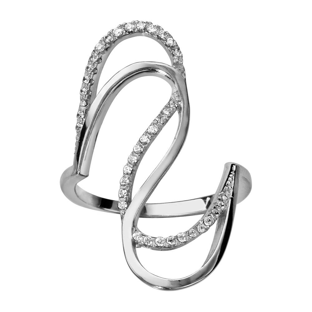 Bague en argent rhodi� double S dont 1 en oxydes blancs sertis - Vue 1