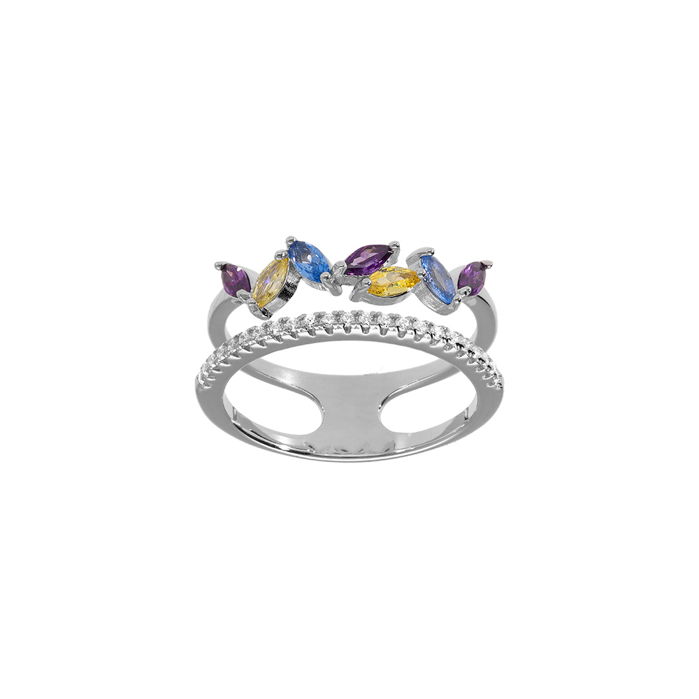 Bague en argent rhodi� double rang avec oxydes violet bleu et jaune - Vue 1