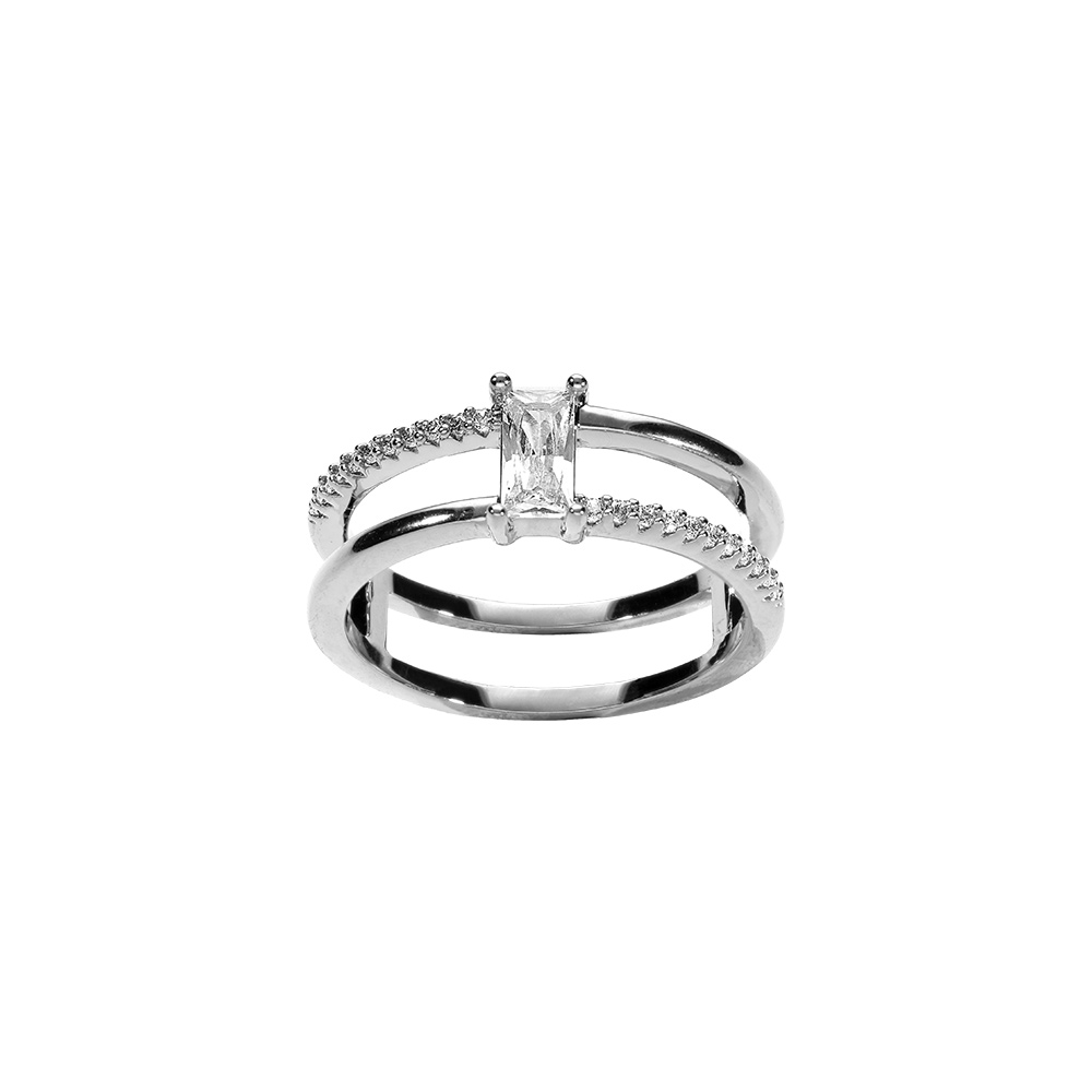 Bague en argent rhodi� double rang�e et  rectangle 4X3mm avec des oxydes blancs sertis - Vue 1