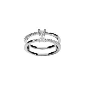 Bague en argent rhodié double rangée et rectangle 4X3mm avec des oxydes blancs sertis - Vue 1