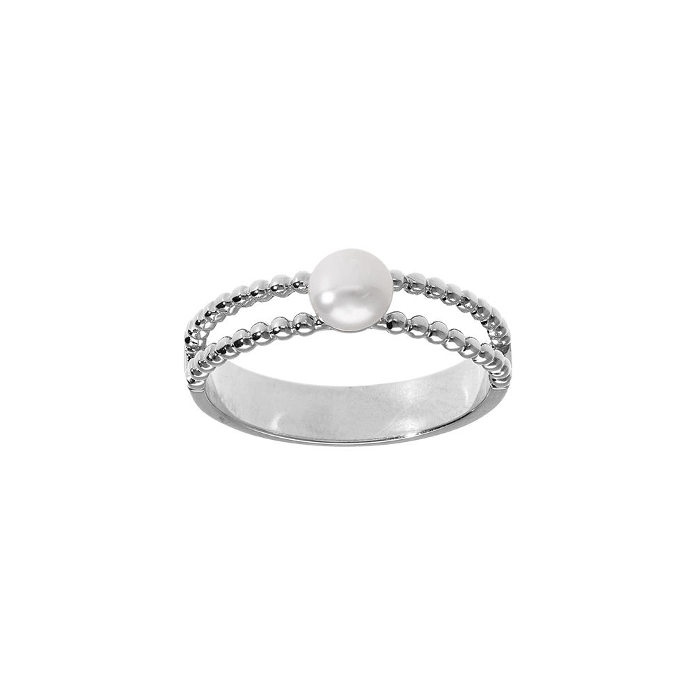 Bague en argent rhodi double ranges de boule et perle de culture d\'eau douce blanche - Vue 1