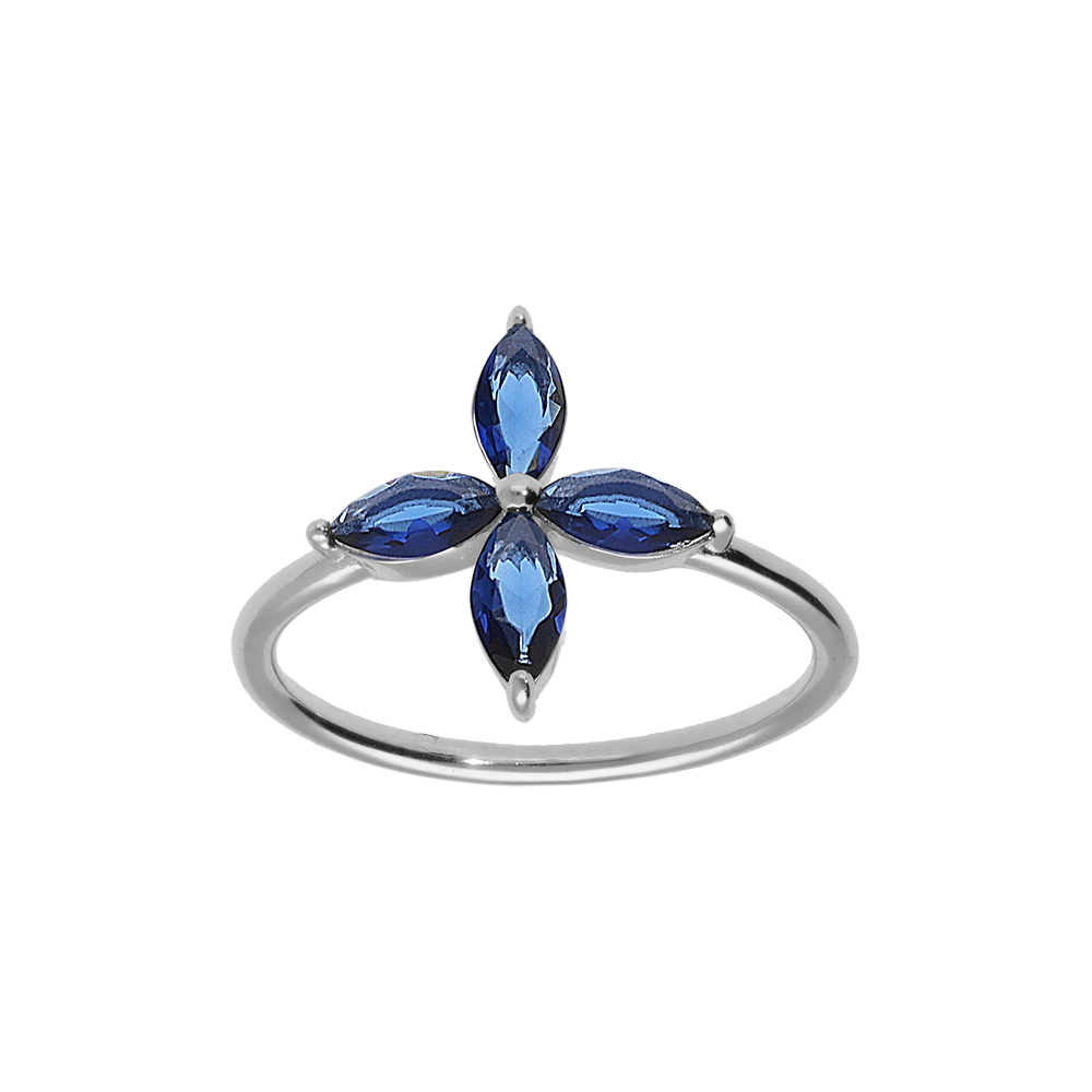 Bague en argent rhodi� en forme de fleur en verre bleu fonc� - Vue 1