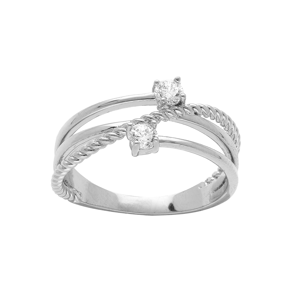Bague en argent rhodi� entrelac� d\'un duo d\'oxydes blancs sertis - Vue 1