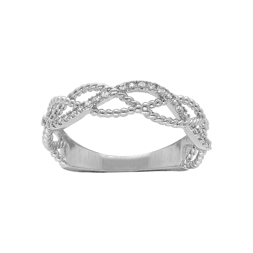 Bague en argent rhodi� entrelac�s d\' oxydes blancs sertis - Vue 1