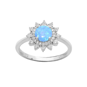 Bague en argent rhodi toile avec Opale bleue de synthse et contour oxydes blancs sertis - Vue 1